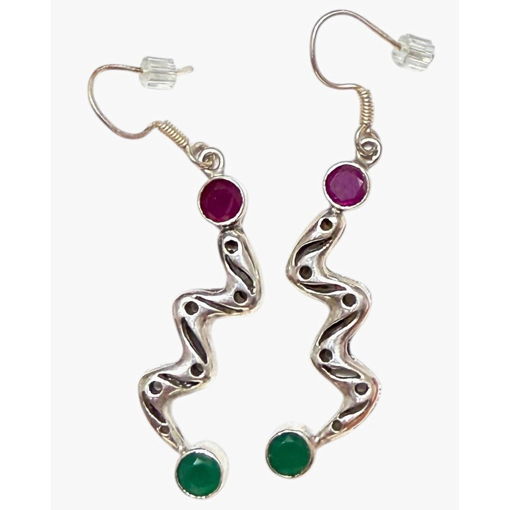 Sterling Silver Indian Artisan Earrings Wavy Design Faceted Glass Stones 7.5g